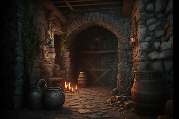 dungeon with a closed doors, candles and a barrell illustration generative ai