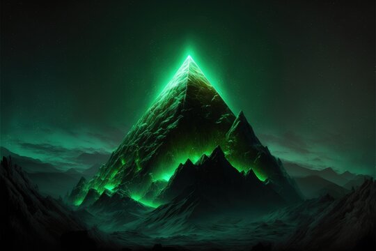 Landscape with green crystal pyramid and mountains in the background. Generative AI