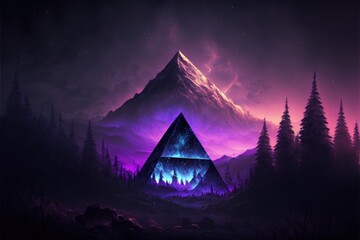 Landscape with purple crystal pyramid and mountains in the background. Generative AI