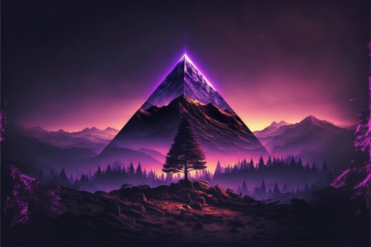 Landscape with purple crystal pyramid and mountains in the background. Generative AI