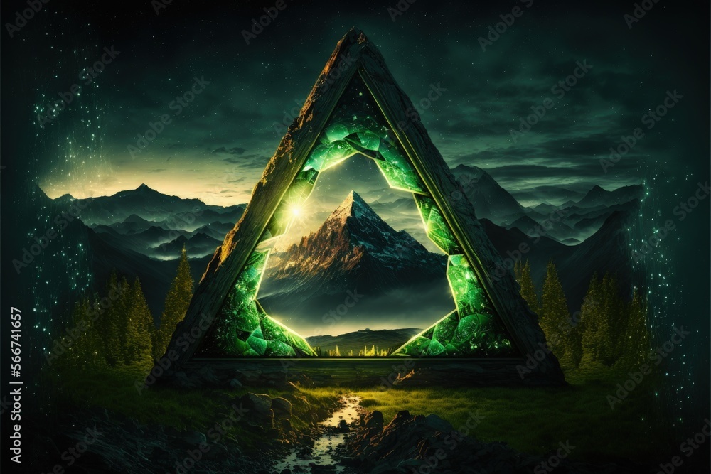 Wall mural triangle shaped green crystal mystical portal, fantasy concept. generative ai