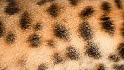 Leopard background. The body of a red spotted animal. Wool. Part of the body of a purebred domestic Bengal cat. Close-up. Texture
