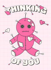 Trendy y2k anti valentines day card, poster, banner. 2000s anti love conception. Cartoon character. Neon pink background