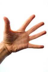 Man's open hand with five fingers stretched out, with a white background. Give me five.