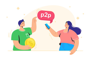 Happy man holding golden coin and sending money to woman via p2p cryptocurrency exchange. Flat vector illustration of people who exchange money from one person to another through online crypto market