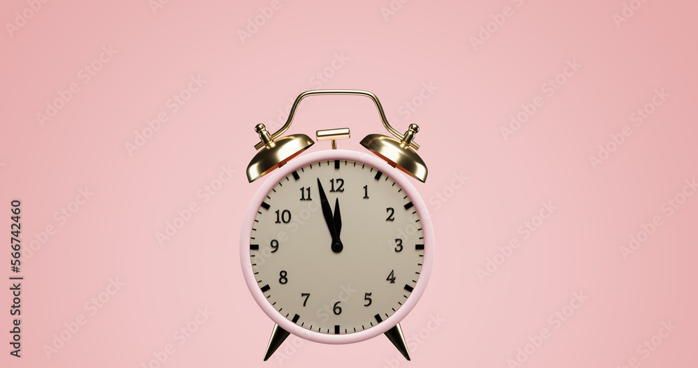 Poster pink alarm clock on an isolated background. 3d rendering