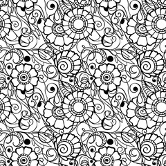 Fototapeta premium seamless pattern of black contours of flowers on a white background, texture, design