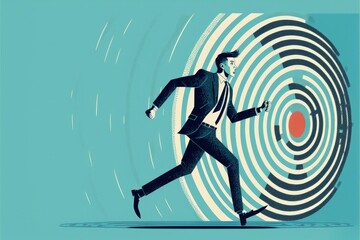 Illustration of business man running towards target, blue background. Generative AI