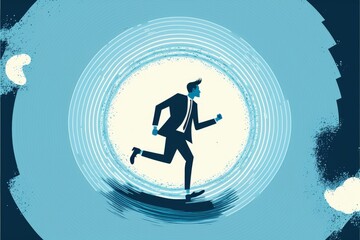 Illustration of business man running towards target, blue background. Generative AI