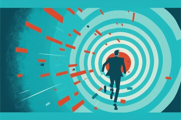 Illustration of business man running towards target, blue background. Generative AI