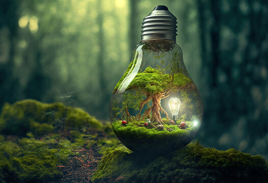 Konzept f&uuml;r erneuerbare Energie, gr&uuml;ne Gl&uuml;hbirne im Wald, generative AI