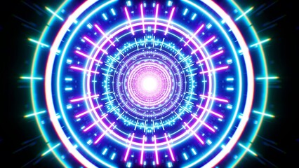 Multiple Overlapping Geometric Pattern of Purple and Blue Laser Beam Circles