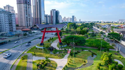Aerial view of Riugi Kojima Square in Sao Jose dos Campos, Brazil. Japanese monument and garden