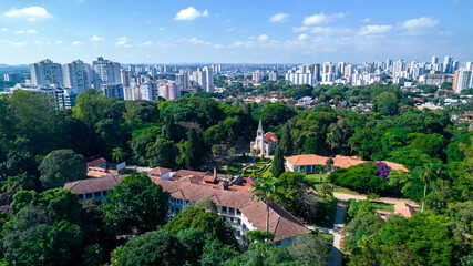 Fototapeta na wymiar Aerial view of Parque Vicentina Aranha, in Sao Jose dos Campos, Brazil. Chapel and Old Sanatorium