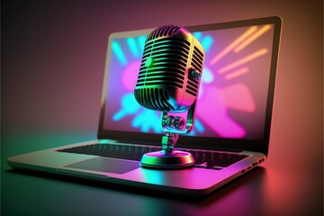 Fototapeta na wymiar Studio microphone with laptop, podcast concept, neon background. Generative AI