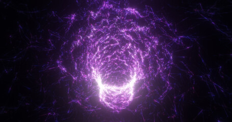 Fototapeta na wymiar Abstract purple tunnel swirling from lines and particles of triangles glowing futuristic hi-tech with a blur effect on a dark background. Abstract background
