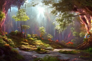 Fototapeta na wymiar fantasy forest with river flowing and sunrays