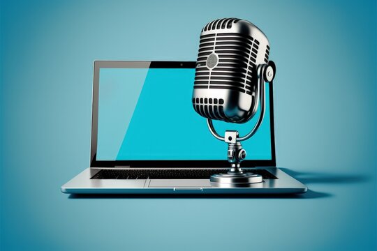 Studio microphone with laptop, podcast concept, blue background. Generative AI