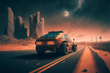 Fototapeta na wymiar carro do futuro percorrendo asfalto no deserto 