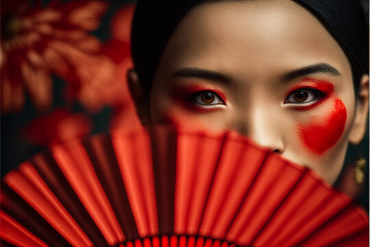 mulher as&iacute;atica com leque vermelho close nos olhos 