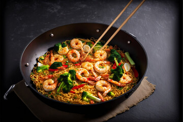 Stir fried noodles with shrimps and vegetables, wok, chinese oriental food generative ai