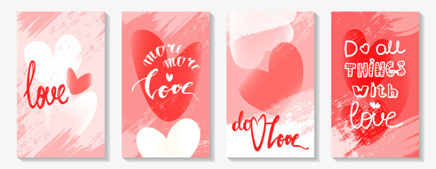 Set of vector cards for Valentine's Day. Hearts and inscriptions drawn by hand. Simple, minimalistic, holiday cards.