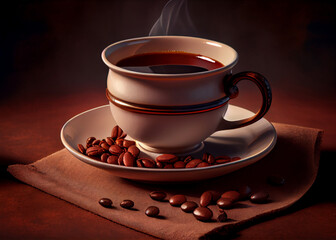 Hot coffee in a cup and many coffee beans on dark background, AI Generated