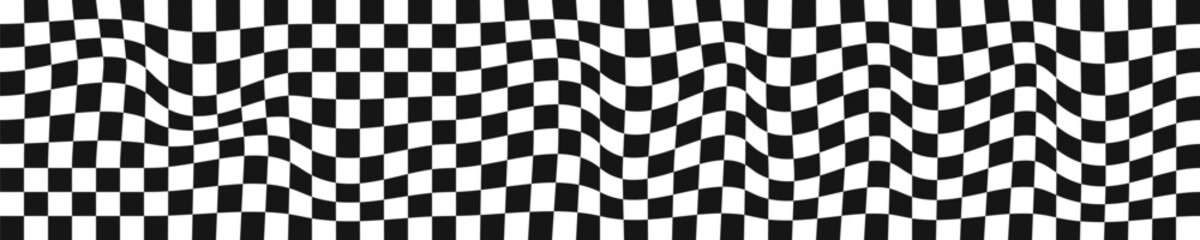 Obraz premium Distorted chessboard background. Dizzy checkered visual illusion. Psychedelic pattern with warped black and white squares. Race flag texture. Trippy checkerboard surface