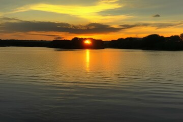 Fototapeta na wymiar Beautiful golden sunset on the river,boat, Beautiful nature around. - generative ai
