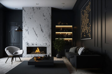 sala de estar moderna luxuosa com preto e dourado 