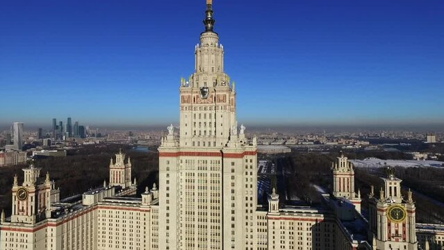 Aerial view over the Moscow State University in sunny day