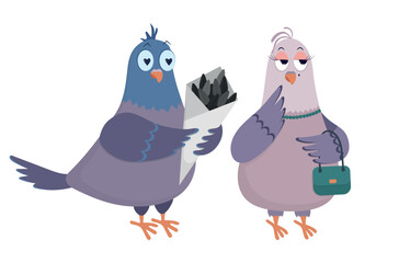 Cartoon pigeons isolated on white background. Funny birds vector illustration. Couple of lovers