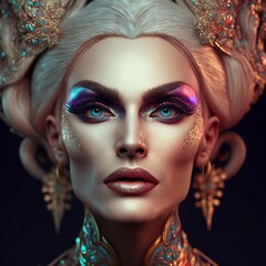Obraz premium Portrait, Drag Queen with fantastic make up, Ai Generative