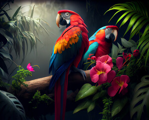 red yellow and blue macaws on a branch, forest scene, generative ai