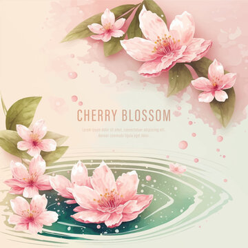 Collection of сherry blossom flowers and branches in vector watercolor style. Image created AI