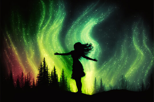 silhueta de mulher feliz dançando a noite com fundo aurora boreal e estrelas 