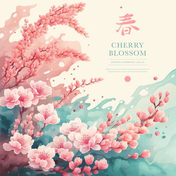 Collection of сherry blossom flowers and branches in vector watercolor style. Image created AI