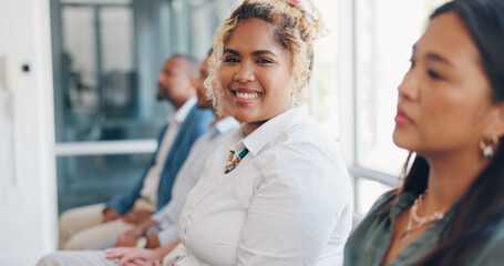 Woman face, office meeting or business presentation with a worker happy about marketing team. Smile, portrait and female company employee ready for working on corporate strategy in a business meeting