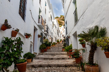 Fototapeta na wymiar Typical street of Frigiliana, Málaga, one of the most beautiful towns in Spain. With its white walls, its narrow streets and some with a lot of stairs and plants.