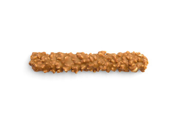 Cracker pretzel sticks toffee-cream glazing and peanuts isolated on white background.
