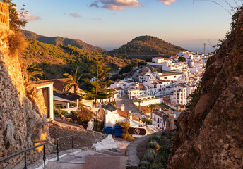 Panoramic photograph of Frigiliana, Málaga, one of the most beautiful towns in Spain. With its white  walls, its narrow streets and a lot of stairs.