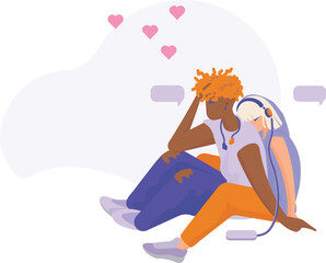 Love couple African American guy and Caucasian girl spending time together, listening music