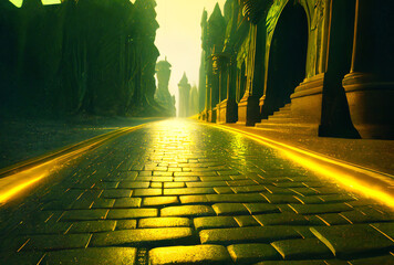 yellow brick alley in the city at night leading to the city center, generative ai