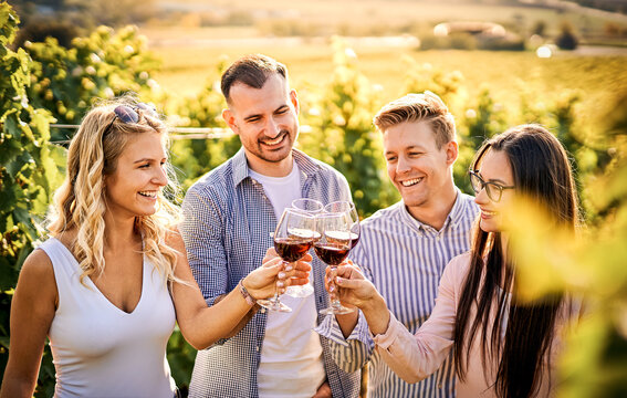 Young friends having fun outdoors - Happy people enjoying harvest time together at farmhouse winery countryside - Tasting red wine at vineyard - Focus on the girl's face with glasses