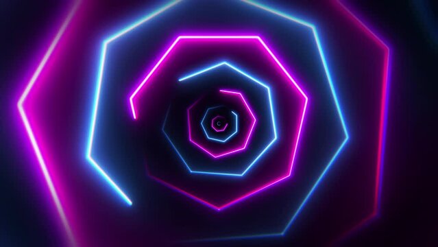 Blue and purple neon tunnel made by growing heptagons - Infinite loop