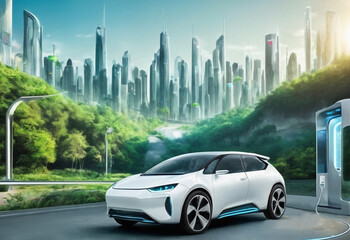 White light electric hydrogen car concept in the city of the future near the charging station. Green energy. Generative AI.