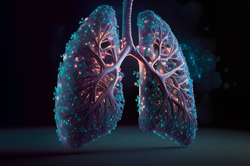 Human Lungs. Representación of respiratory system. Bronchial tree multiple-branched trachea and bronchi. Pulmonary anatomy illustration. Organs, medical, health, pneumonia illness. Generative AI.