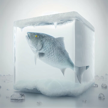 Frozen fish in a cube of ice. Fish storage concept.
