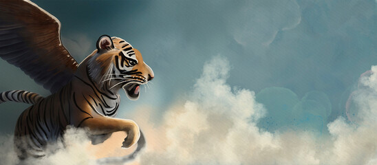 Flying tiger. Fantasy watercolor illustration. Generative AI