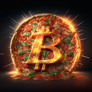 Bitcoin on the background of pizza drawing. Background
